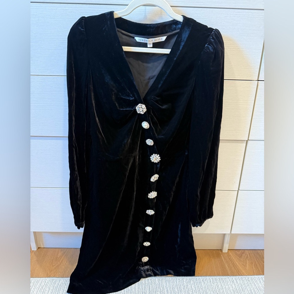 Veronica Beard Black Velvet Dress with Crystal Buttons